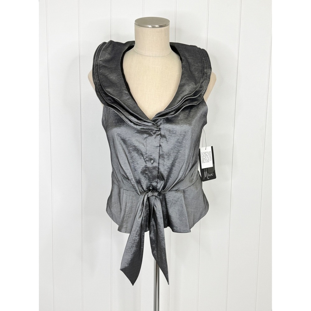 Muse Pewter Ruffle Collar Tie Front Peplum Top NWT Size 14 Metallic Silver Gray
